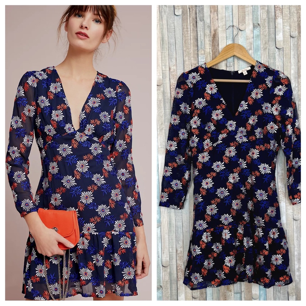 Anthropologie S Everly Floral Dress Embroidered Flower Pattern V Neck Ruffle Hem